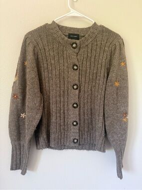 Driftwood embroidered long sleeve ribbed knit cardigan brown taupe small